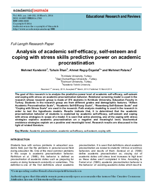 (PDF) Analysis of academic self-efficacy, self-esteem and coping with ...