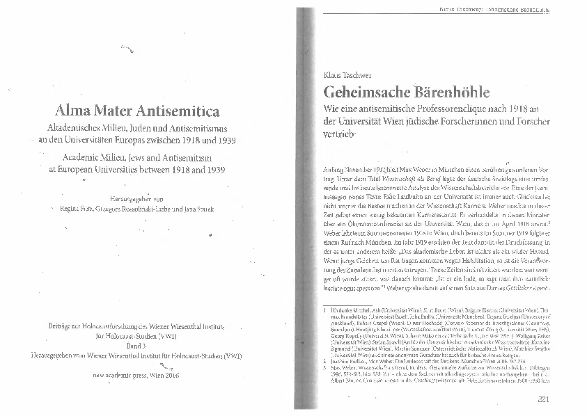First page of “Geheimsache Bärenhöhle. Wie eine antisemitische Professorenclique nach 1918 an der Universität Wien jüdische Forscherinnen und Forscher vertrieb. (2016)”