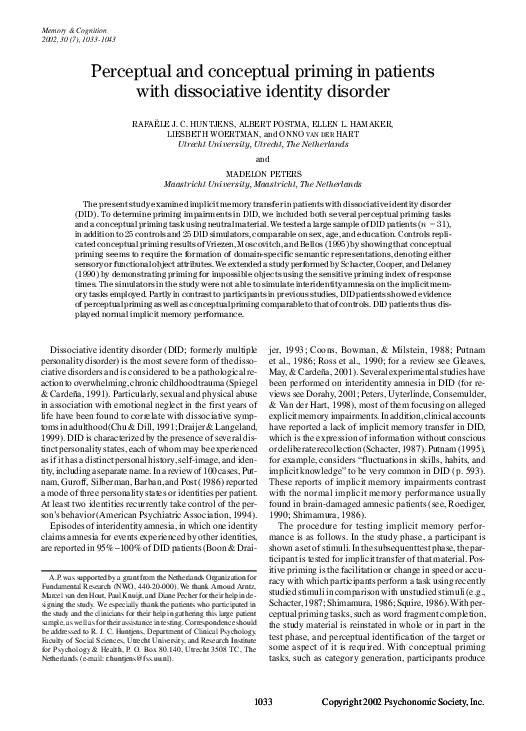 (PDF) Perceptual and conceptual priming in patients with dissociative ...