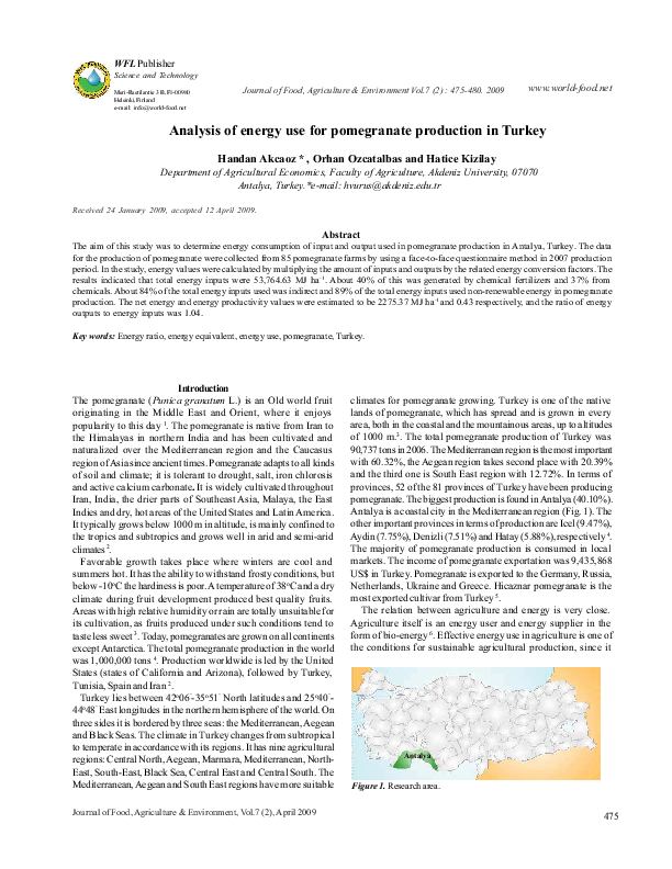 (PDF) Analysis of energy use for pomegranate production in Turkey