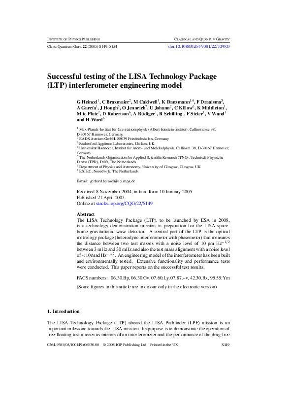 (PDF) Successful testing of the LISA Technology Package (LTP ...