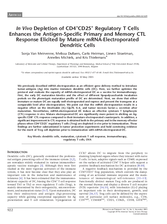(PDF) Depletion of CD4CD25 Regulatory T Cells Enhances the Antigen ...