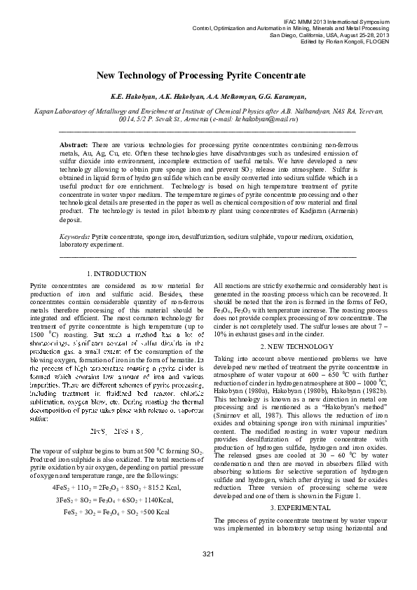 (PDF) New Technology of Processing Pyrite Concentrate