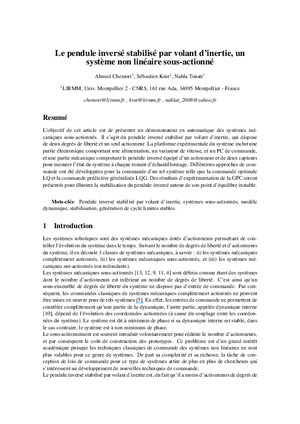 (PDF) Le pendule inversé stabilisé par volant d'inertie, un système non ...