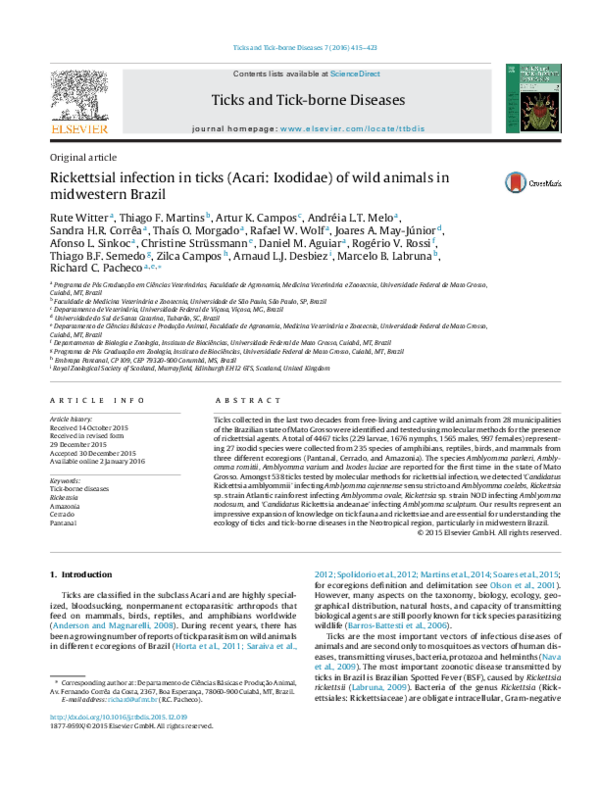(PDF) Rickettsial infection in ticks (Acari: Ixodidae) of wild animals ...
