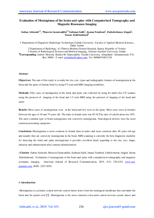 Pdf Evaluation Of Meningioma Of The Brain And Spine With Computerized Tomography And Magnetic Resonance Imaging Moawia Gameraddin And Moawia Gameraddin Academia Edu This study aimed to determine the employability of radiologic technology graduates from 2013 to 2015. academia edu