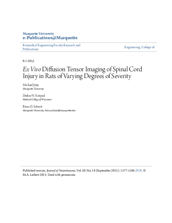 (PDF) Ex Vivo Diffusion Tensor Imaging of Spinal Cord Injury in Rats of ...
