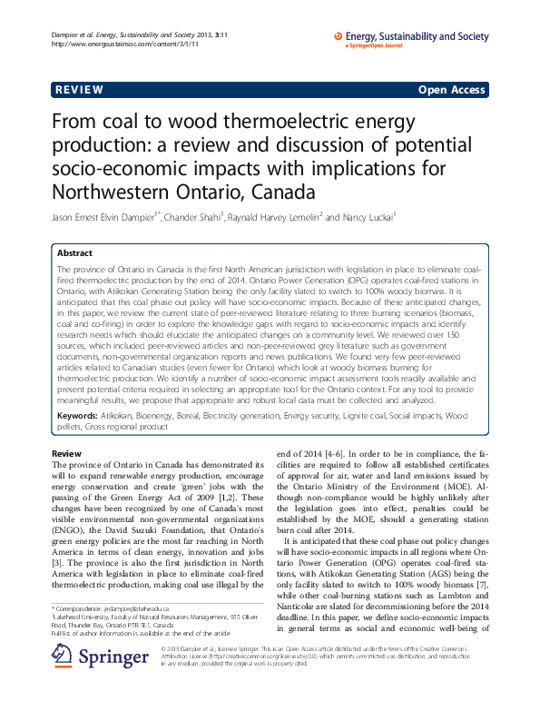 (PDF) From coal to wood thermoelectric energy production a review and discussion of potential