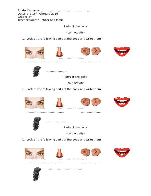 (DOC) Parts of the body pair activity Ana Mihai Academia.edu