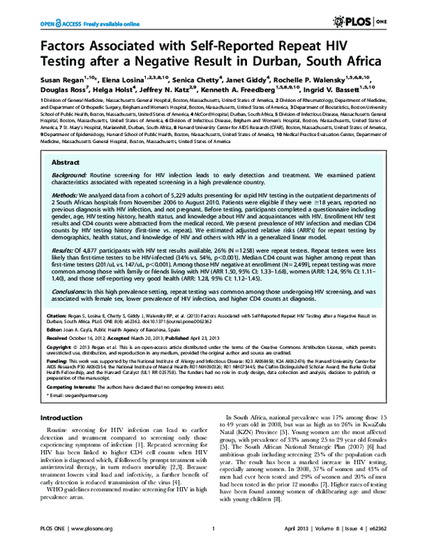 (PDF) Factors Associated with Self-Reported Repeat HIV Testing after a ...
