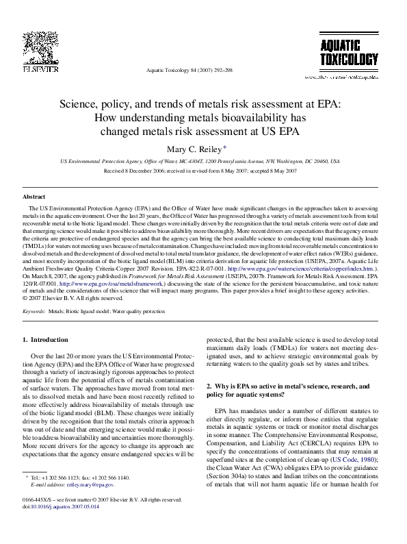 (PDF) Science, policy, and trends of metals risk assessment at EPA How