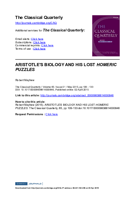 PDF Aristotle s Biology and His Lost Homeric Puzzles PDF Aristotle s Biology and His Lost Homeric Puzzles