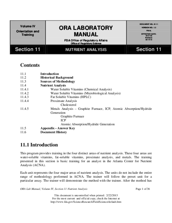 (PDF) ORA LABORATORY MANUAL FDA Office of Regulatory Affairs Section 11 NUTRIENT ANALYSIS José