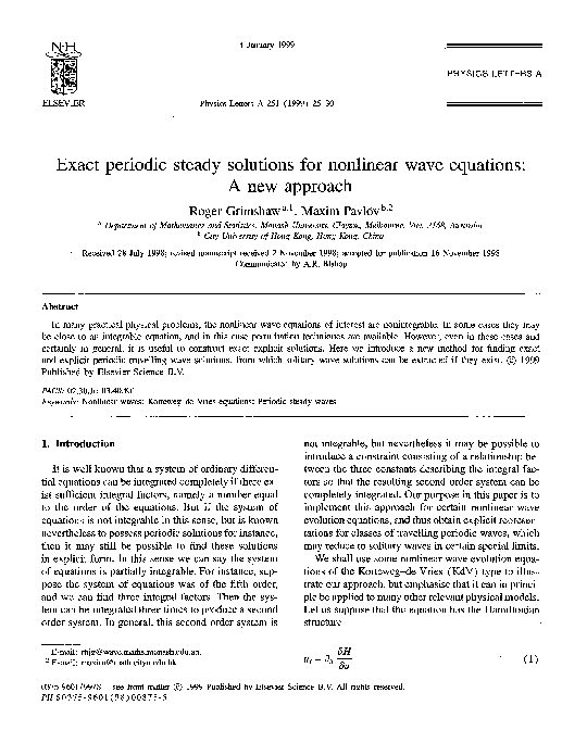 (PDF) Exact periodic steady solutions for nonlinear wave equations: A ...