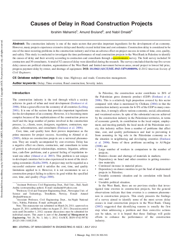 (PDF) Causes of Delay in Road Construction Projects