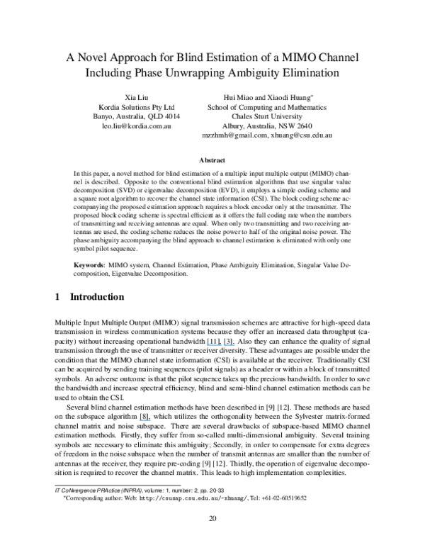 (PDF) A Novel Approach for Blind Estimation of a MIMO Channel Including ...
