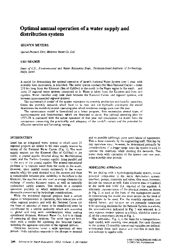 (PDF) Optimal annual operation of a water supply and distribution system