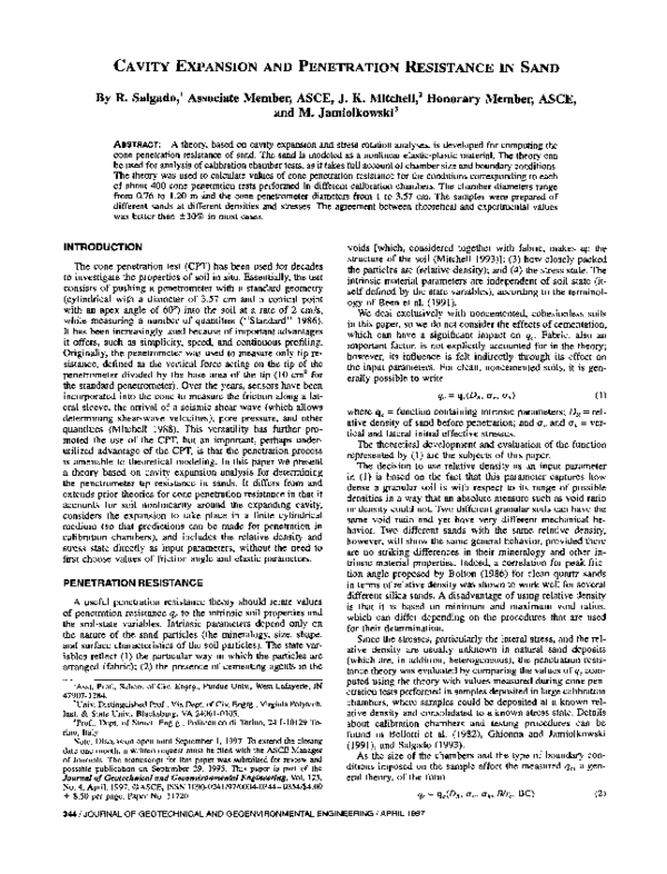 (PDF) Cavity Expansion and Penetration Resistance in Sand