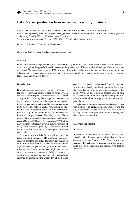 (PDF) Baker's yeast production from molasses/cheese whey mixtures