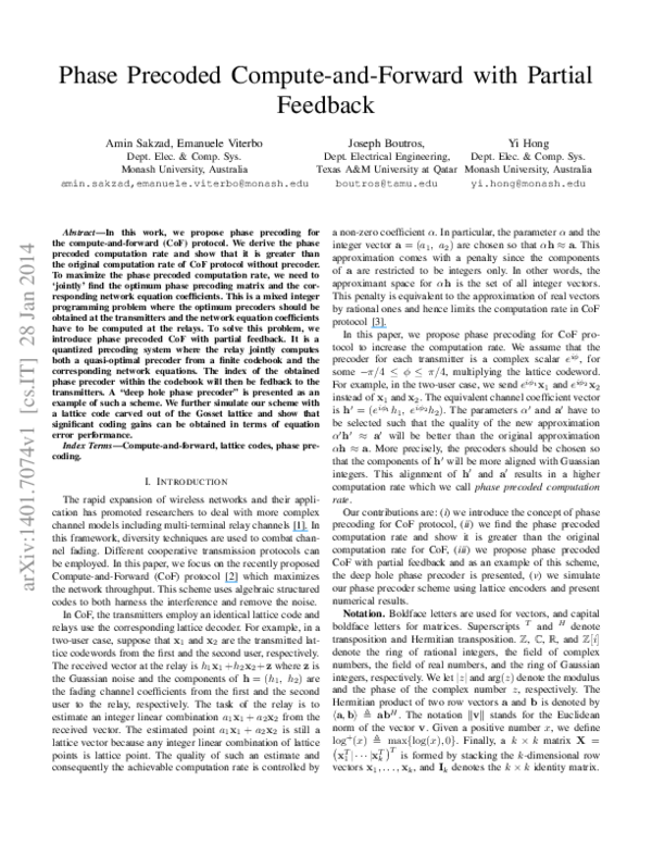 (PDF) Phase precoded compute-and-forward with partial feedback