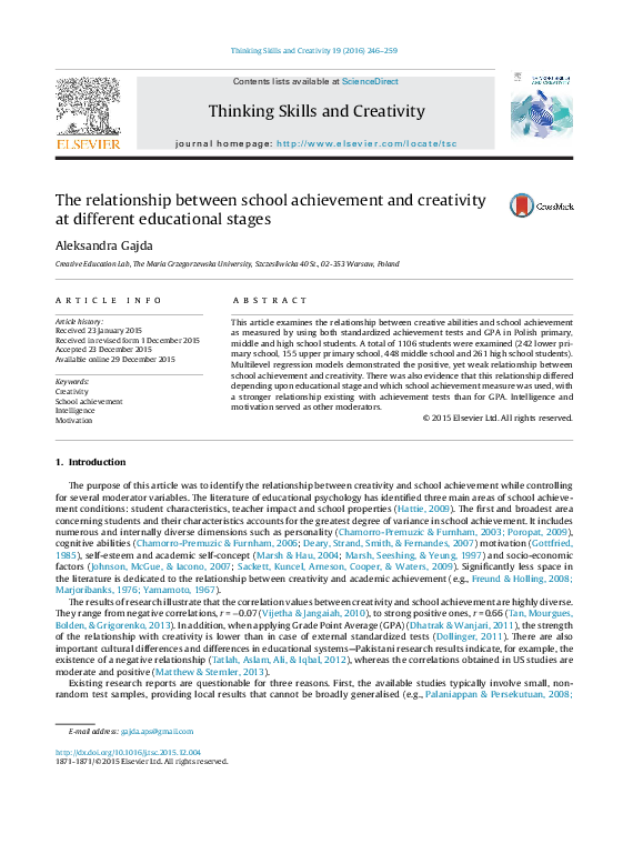 (PDF) The relationship between school achievement and creativity at ...