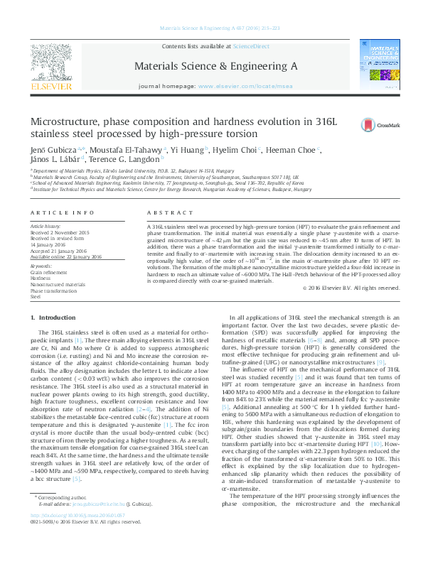(PDF) Microstructure, phase composition and hardness evolution in 316L ...