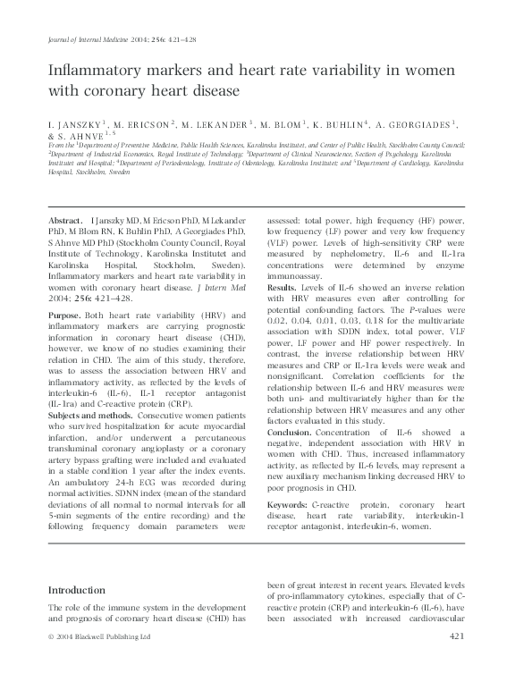 (PDF) Inflammatory markers and heart rate variability in women with ...