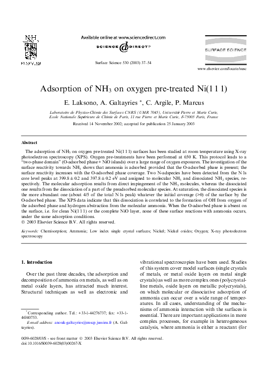 (PDF) Adsorption of NH3 on oxygen pre-treated Ni(111)