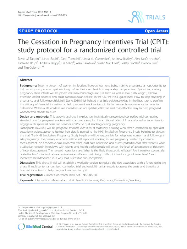 (PDF) The Cessation in Pregnancy Incentives Trial (CPIT) study