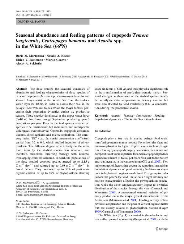 (PDF) Seasonal abundance and feeding patterns of copepods Temora ...