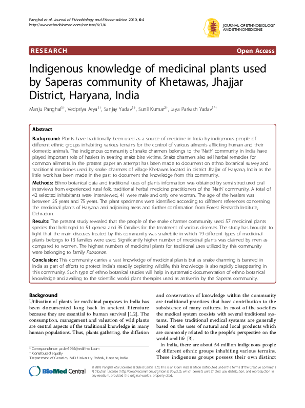 (PDF) Indigenous knowledge of medicinal plants used by Saperas community of Khetawas, Jhajjar
