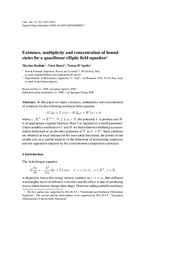 (PDF) Existence, multiplicity and concentration of bound states for a ...