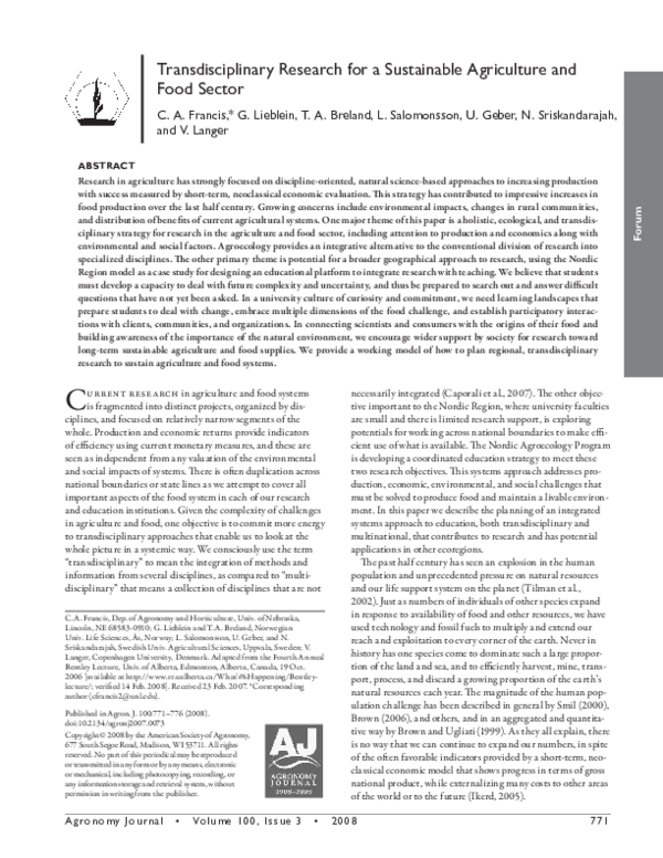 (PDF) Transdisciplinary research for a sustainable agriculture and food ...