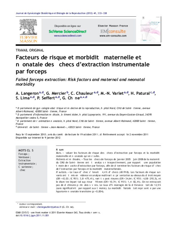 (PDF) [Failed forceps extraction: risk factors and maternal and ...