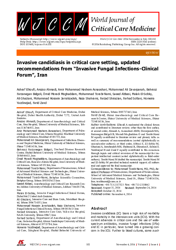 (PDF) Invasive candidiasis in critical care setting, updated ...