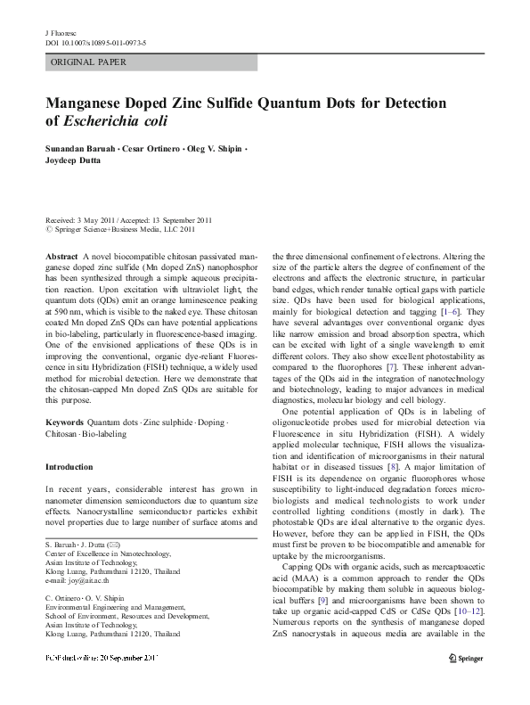 (PDF) Manganese Doped Zinc Sulfide Quantum Dots for Detection of