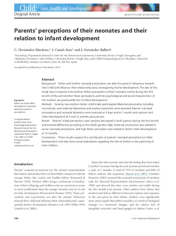 (PDF) Parents' perceptions of their neonates and their relation to ...