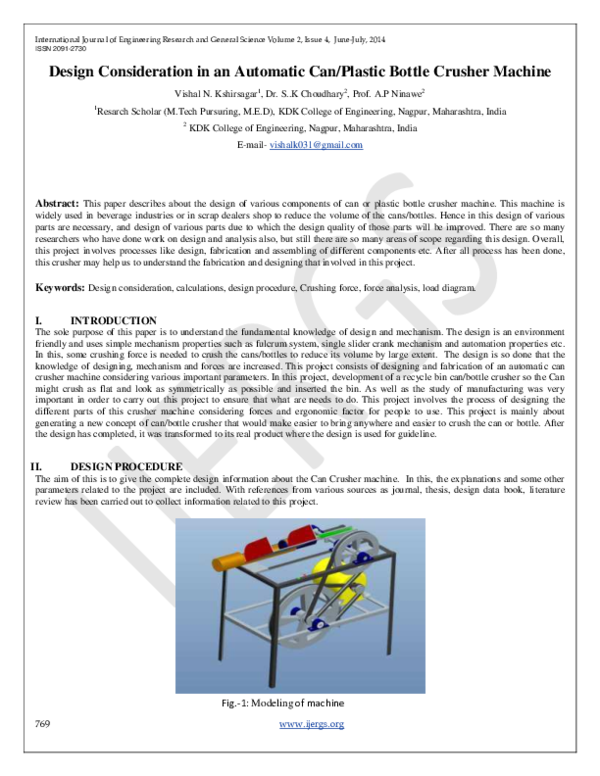 (PDF) Design Consideration in an Automatic Can/Plastic Bottle Crusher