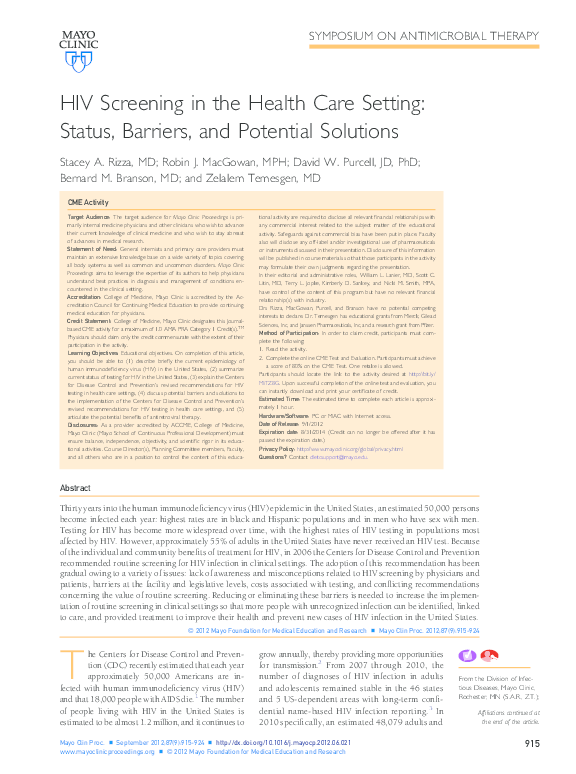 (PDF) HIV Screening in the Health Care Setting: Status, Barriers, and ...