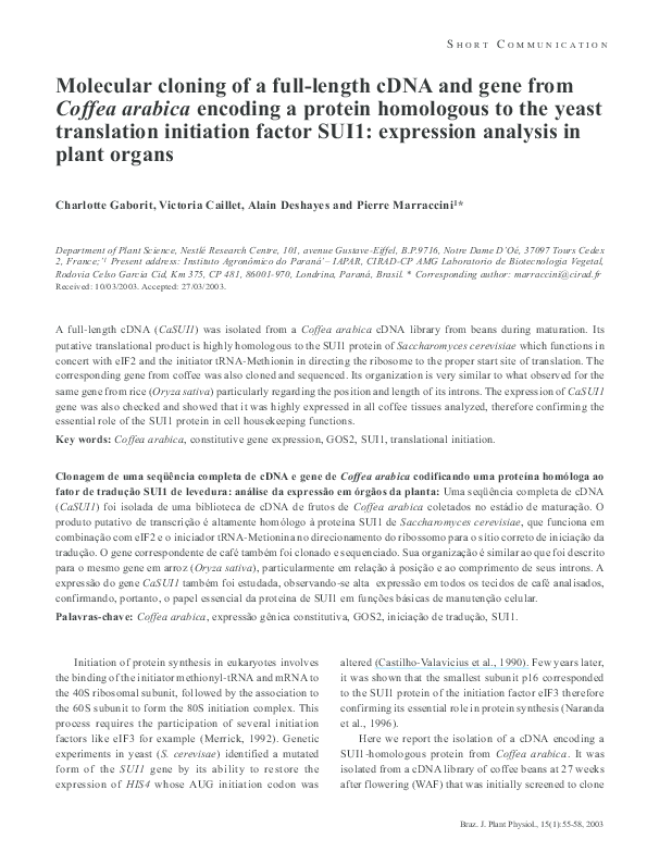 (PDF) Molecular cloning of a full-length cDNA and gene from Coffea ...