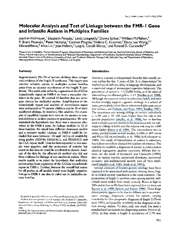 (PDF) Molecular Analysis and Test of Linkage Between the FMR-1 Gene and ...