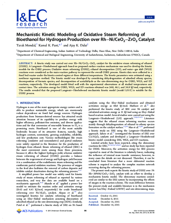 (PDF) Mechanistic Kinetic Modeling of Oxidative Steam Reforming of ...