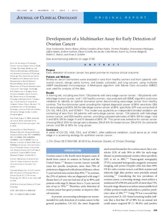 (PDF) Development of a Multimarker Assay for Early Detection of Ovarian ...