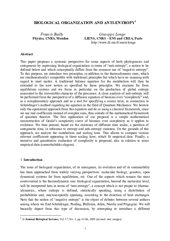 (PDF) Biological Organization and Anti-Entropy