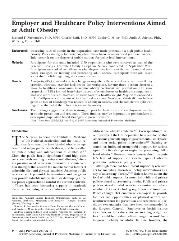 (PDF) Employer and Healthcare Policy Interventions Aimed at Adult Obesity