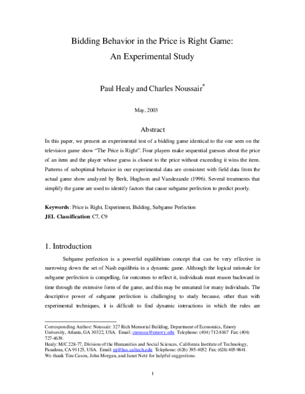 (PDF) Bidding behavior in the price is right game: an experimental study