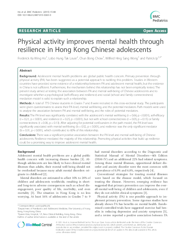 (PDF) Physical activity improves mental health through resilience in ...