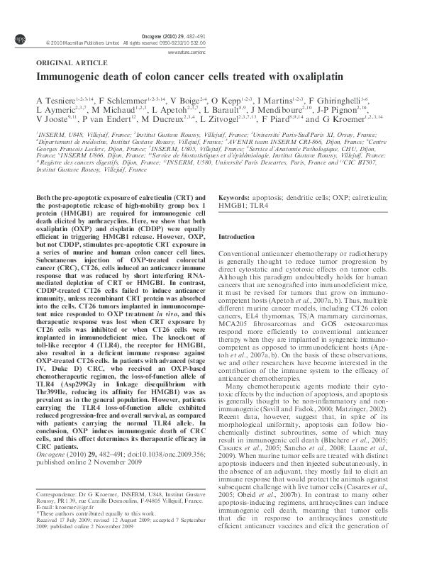 (PDF) Immunogenic death of colon cancer cells treated with oxaliplatin