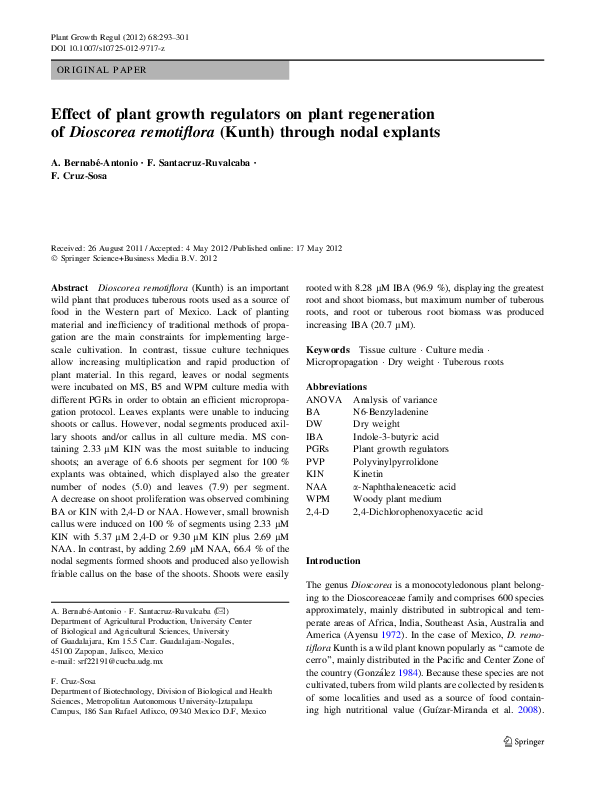 (PDF) Effect of plant growth regulators on plant regeneration of Dioscorea remotiflora (Kunth