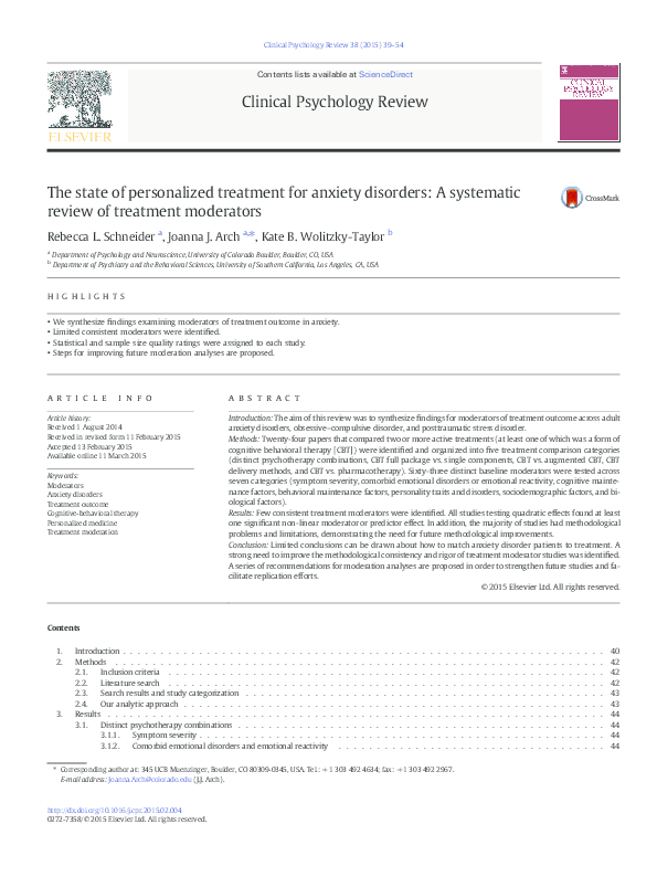 (PDF) The State of Personalized Treatment for Anxiety Disorders: A ...